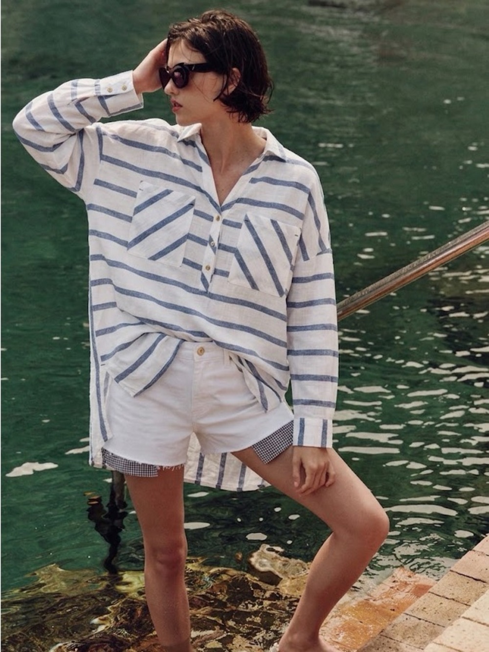 ZARA Oversized Stripe Linen Blend White & Navy Long-Sleeve Top {XSmall}